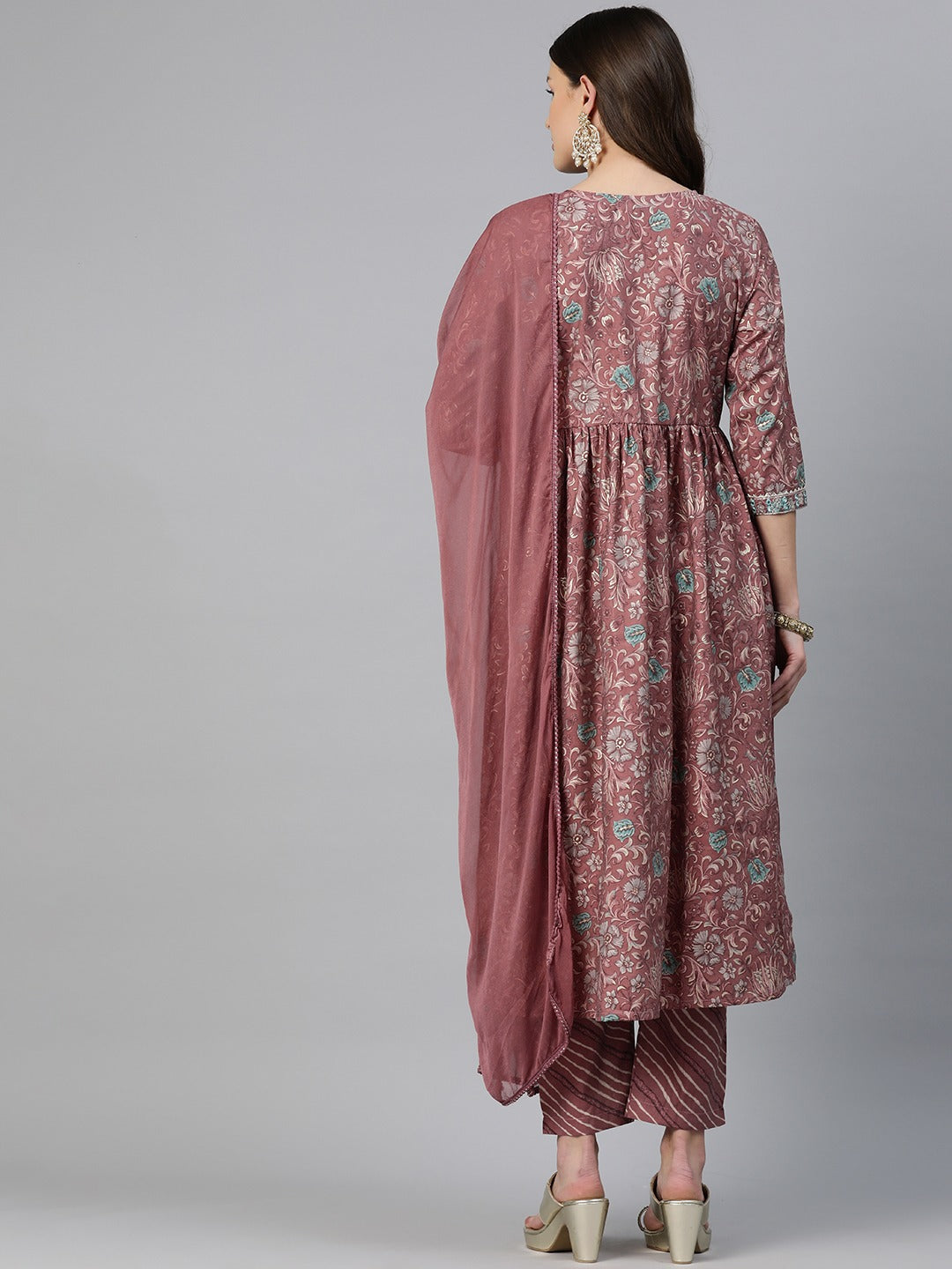 A-Line Style Chanderi Silk Fabric Mauve Color Embroidered & Floral Printed Kurti With Palazzo And Dupatta