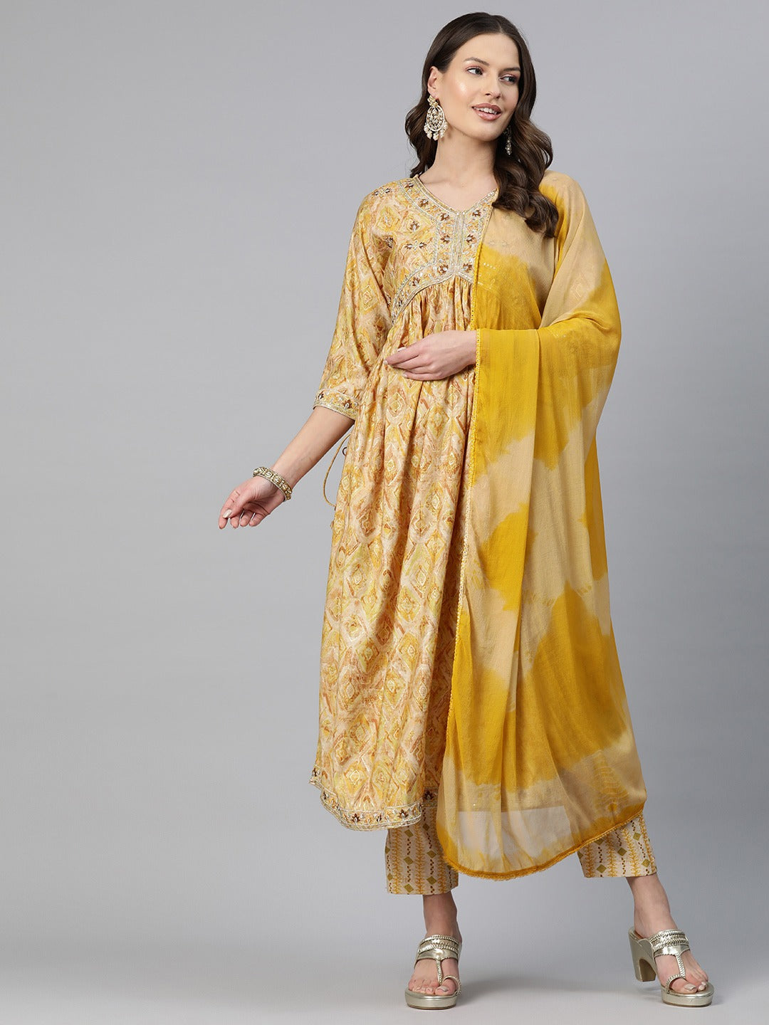 A-Line Style Chanderi Silk Fabric Beige Color Embroidered & Printed Kurti With Palazzo And Dupatta