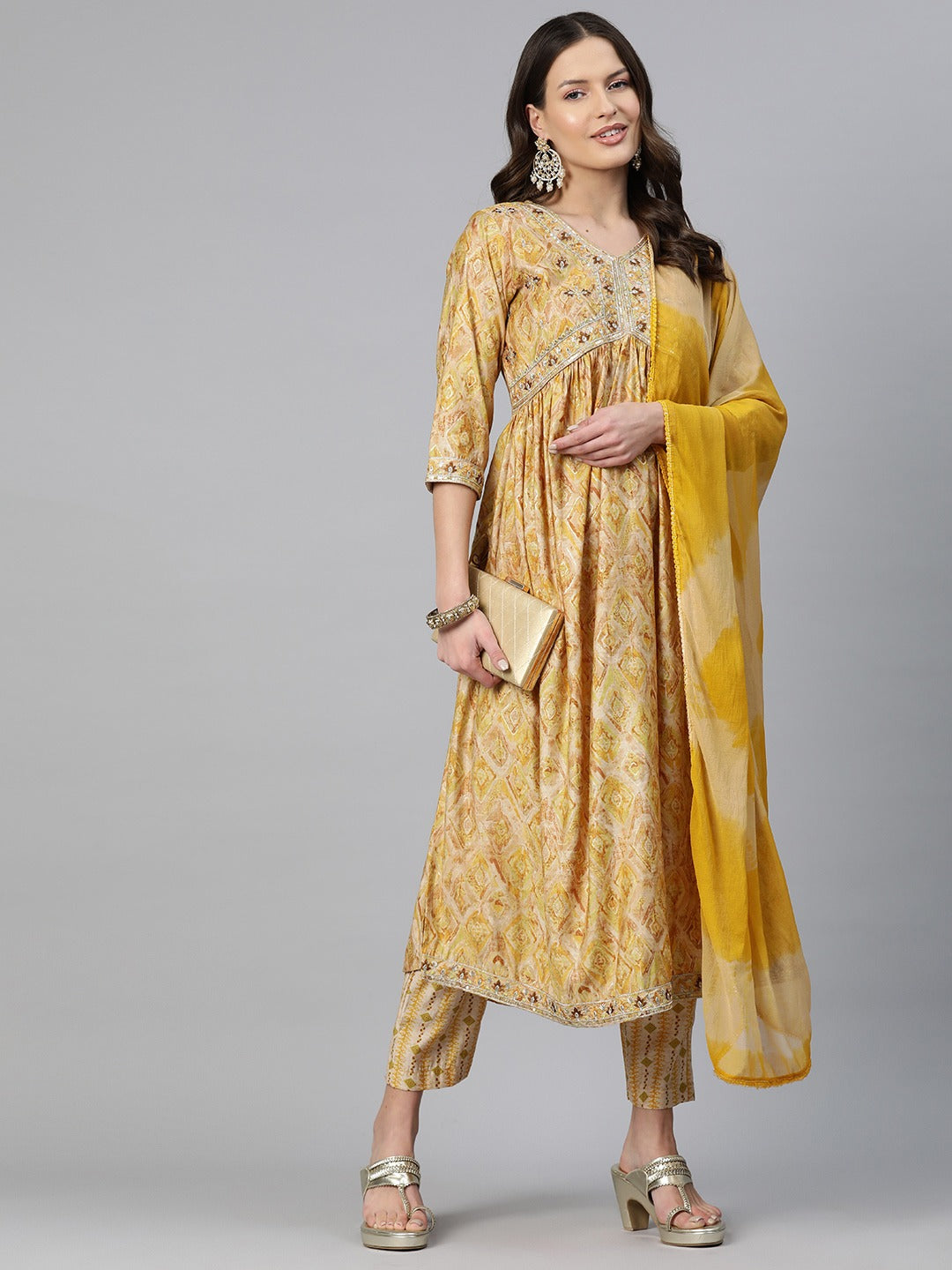 A-Line Style Chanderi Silk Fabric Beige Color Embroidered & Printed Kurti With Palazzo And Dupatta