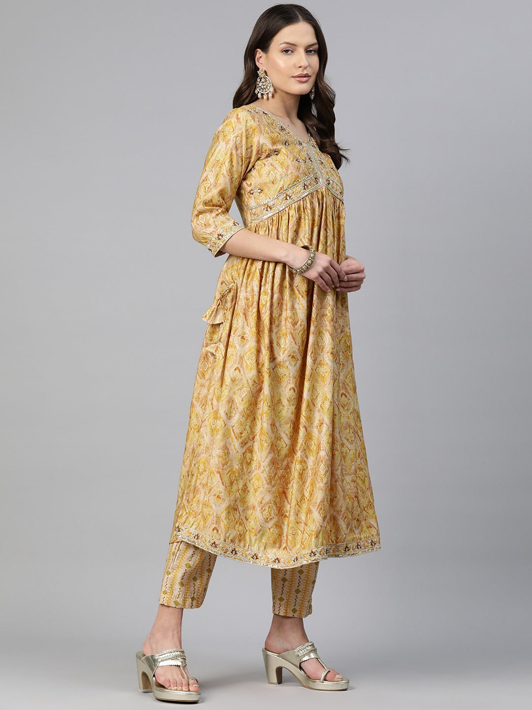 A-Line Style Chanderi Silk Fabric Beige Color Embroidered & Printed Kurti With Palazzo And Dupatta
