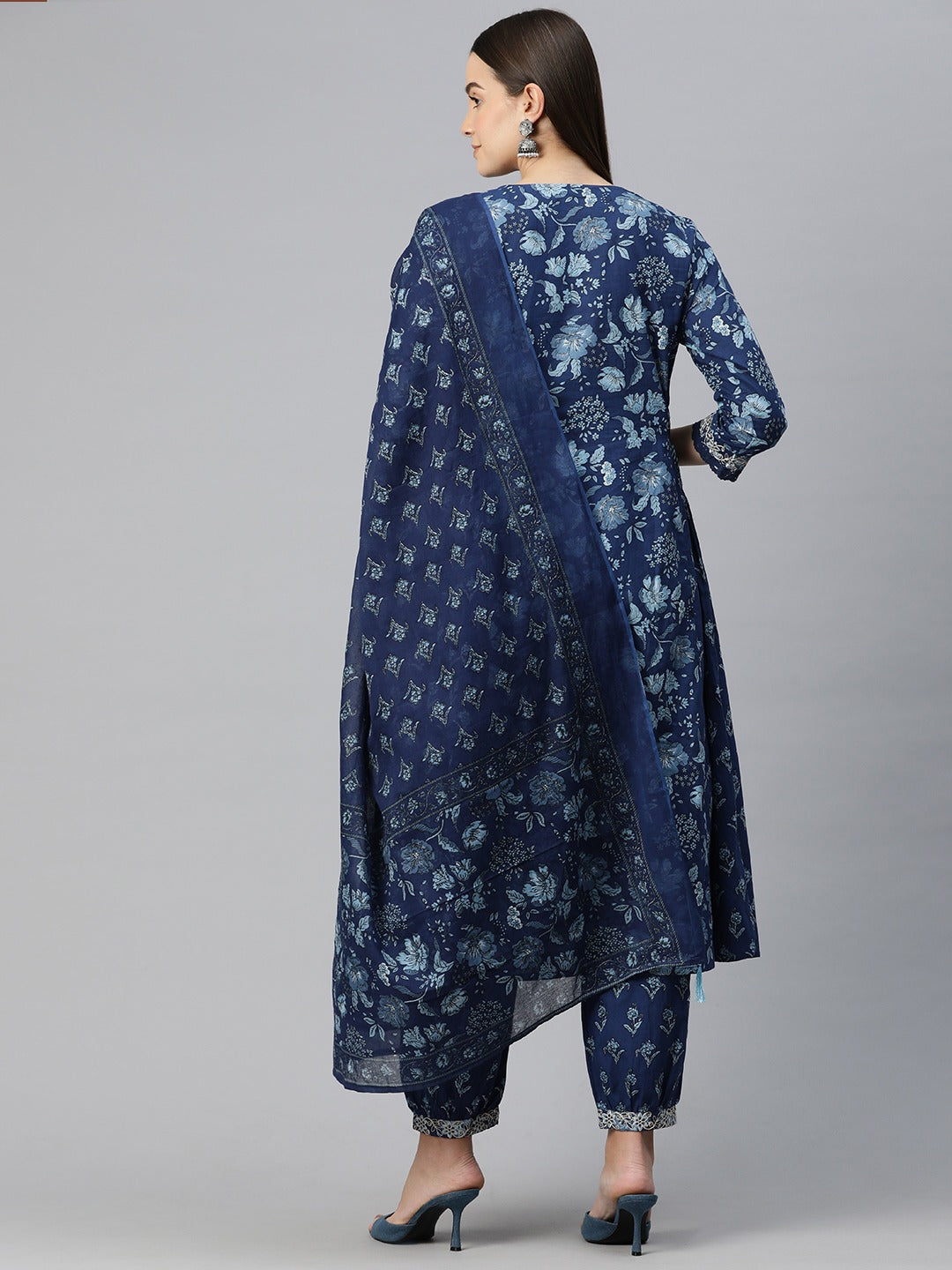 Anarkali Style Cotton Fabric Blue Color Floral Printed Kurti With Patiala And Dupatta