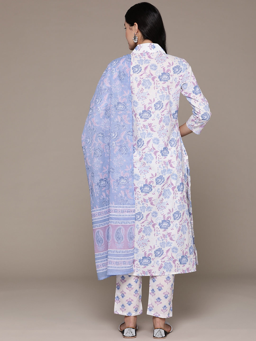 Straight Style Cotton Fabric White Color Floral Printed Kurti With Palazzo And Dupatta