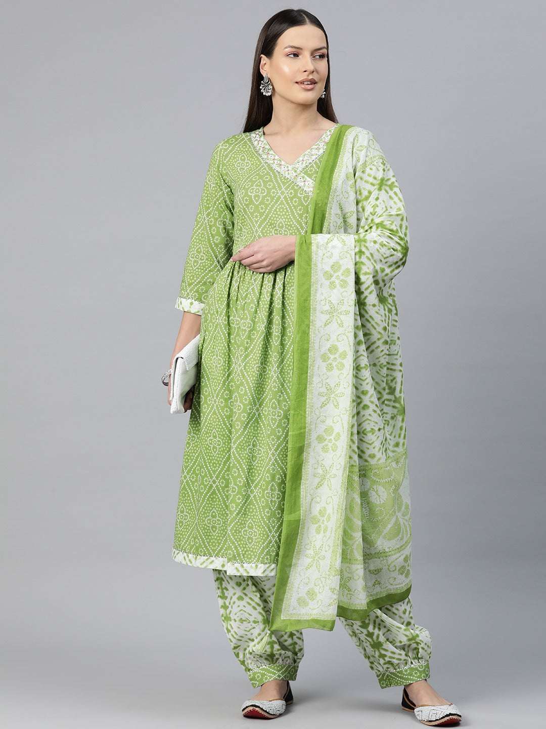 Angrakha Style Cotton Fabric Green Color Bandhej Printed Kurti With Patiala And Dupatta