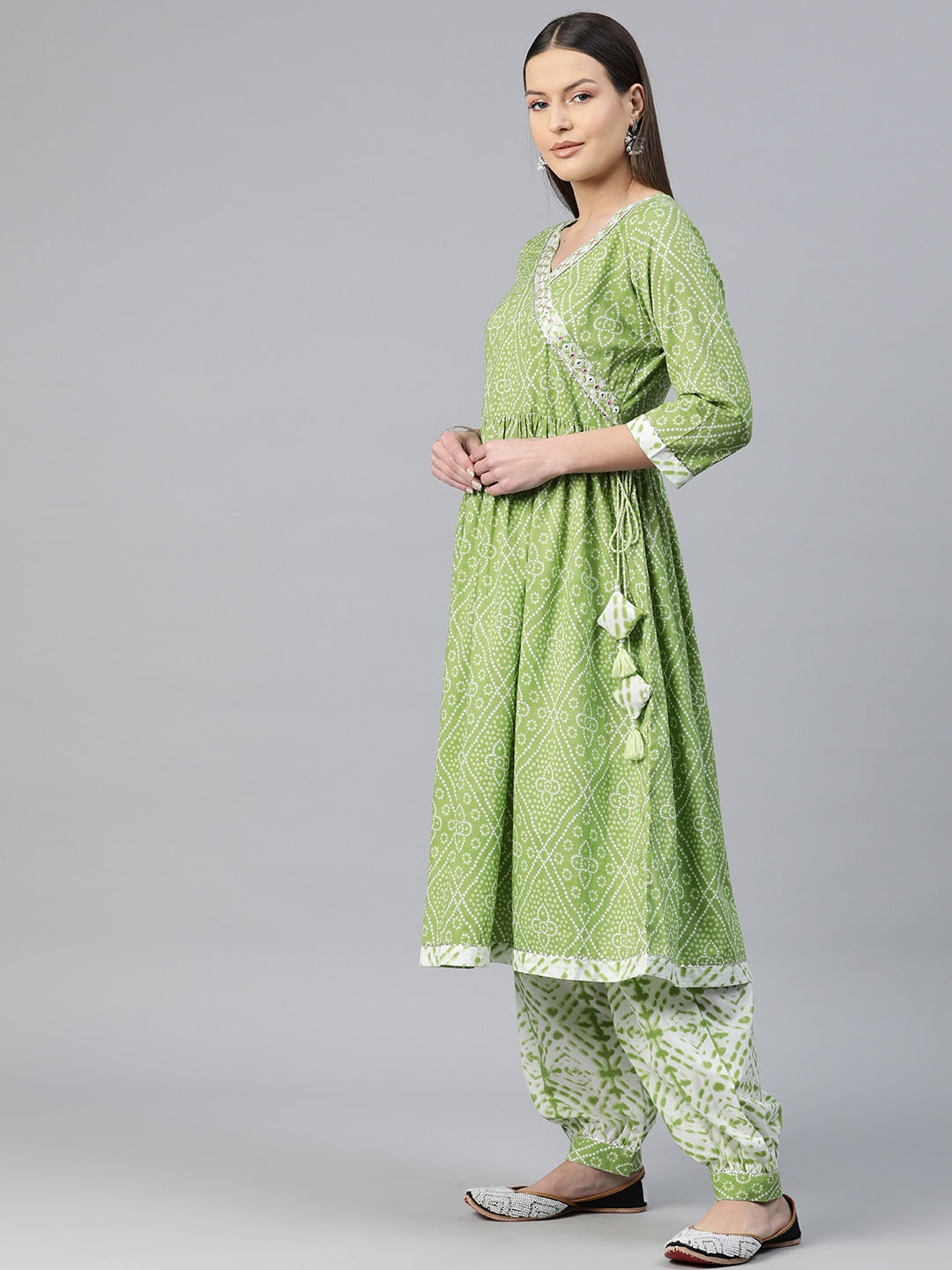Angrakha Style Cotton Fabric Green Color Bandhej Printed Kurti With Patiala And Dupatta