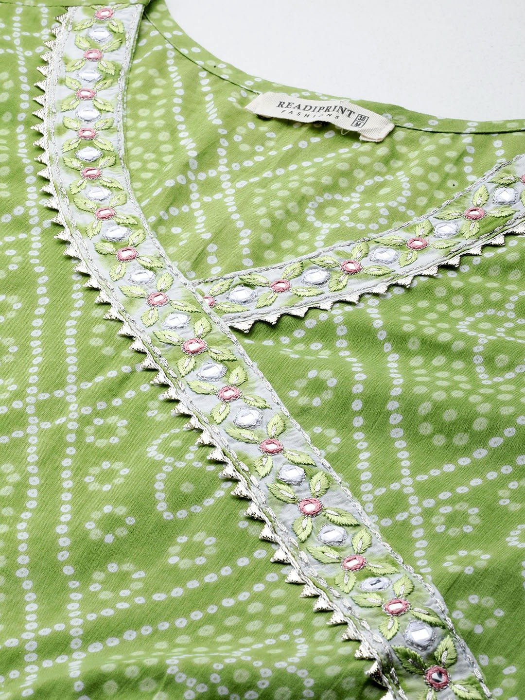 Angrakha Style Cotton Fabric Green Color Bandhej Printed Kurti With Patiala And Dupatta