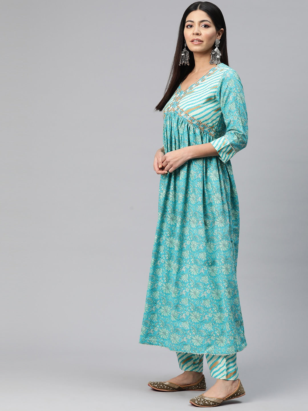 Anarkali Style Cotton Fabric Turquoise Blue Color Floral Printed Kurti With Palazzo And Dupatta With Gotta Lace Work