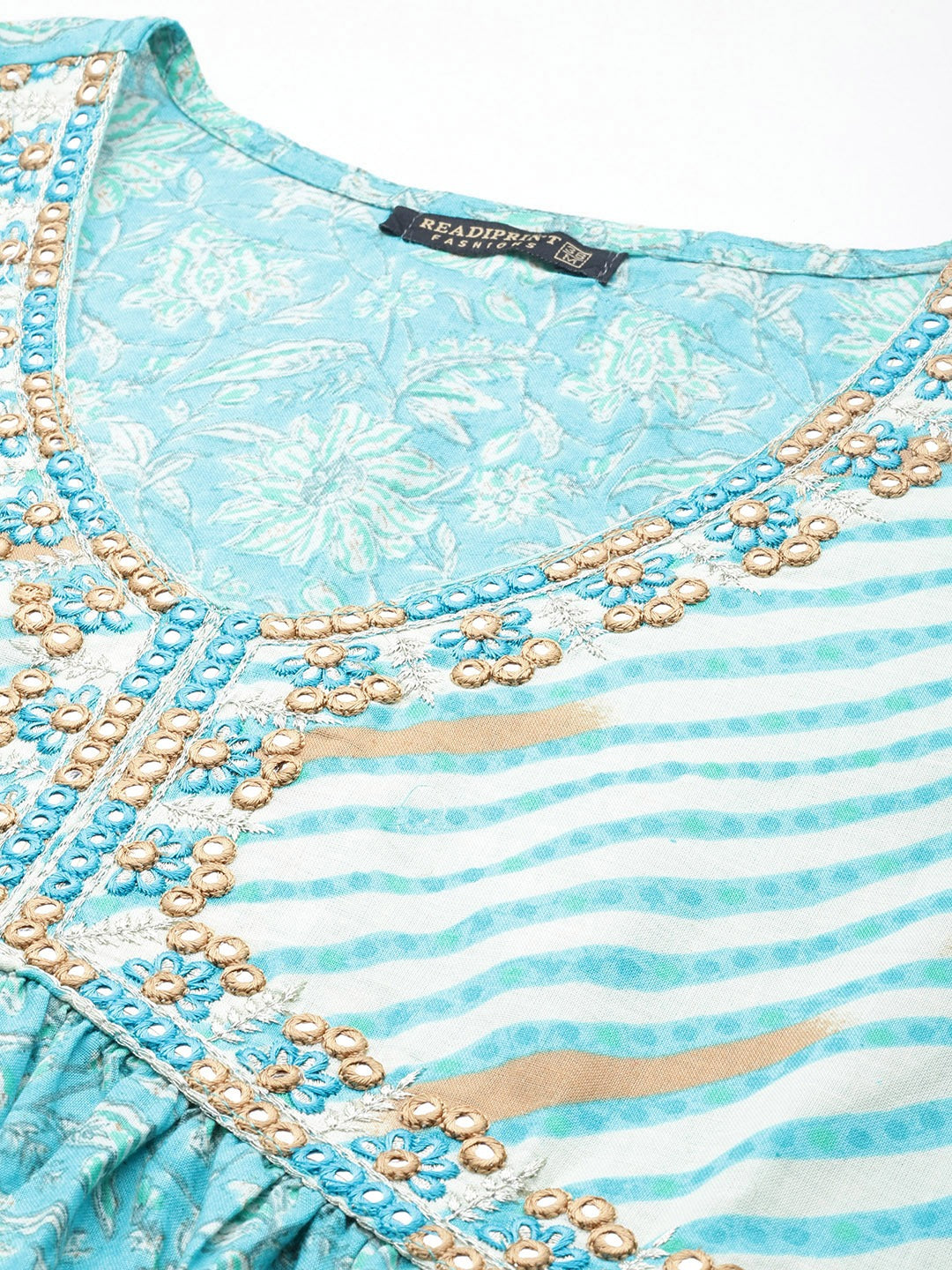 Anarkali Style Cotton Fabric Turquoise Blue Color Floral Printed Kurti With Palazzo And Dupatta With Gotta Lace Work