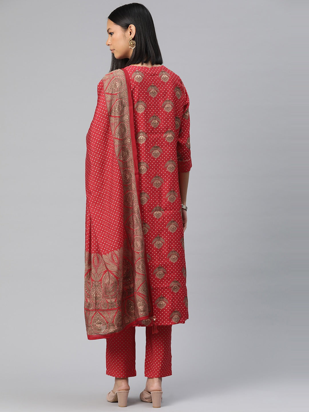 Straight Style Silk Fabric Red Color Printed Kurti With Palazzo And Dupatta With Printed Work