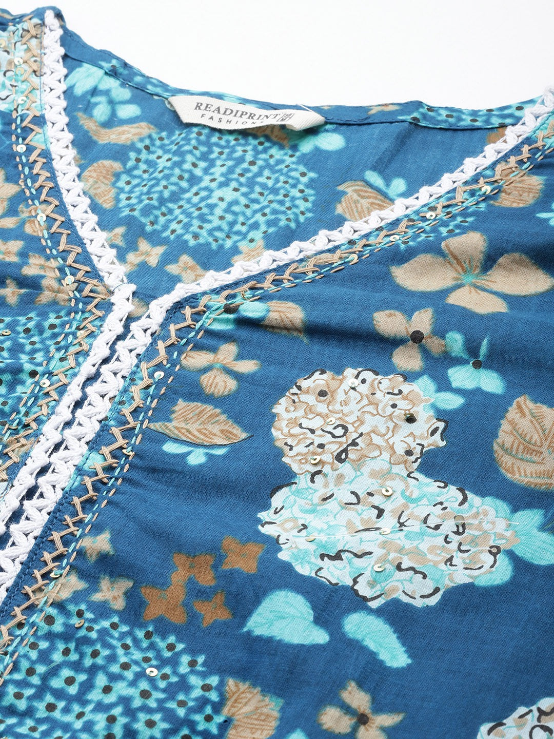 Straight Style Cotton Fabric Blue Color Floral Printed Kurti With Palazzo And Dupatta