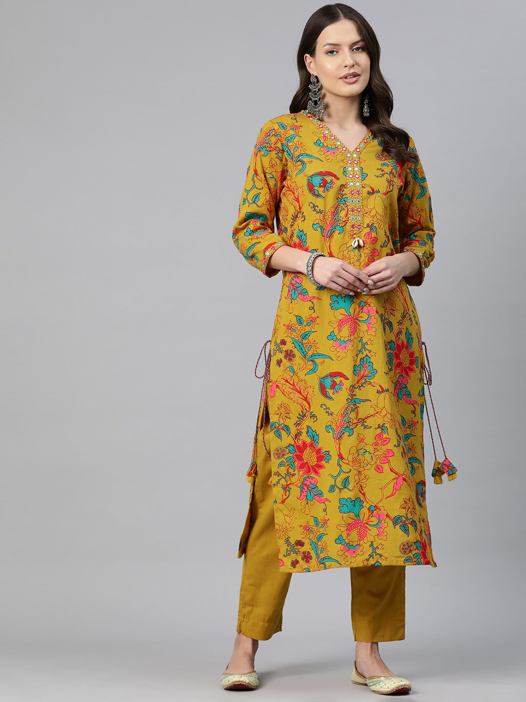 Straight Style Cotton Fabric Mustard Color Floral Printed Kurti With Palazzo