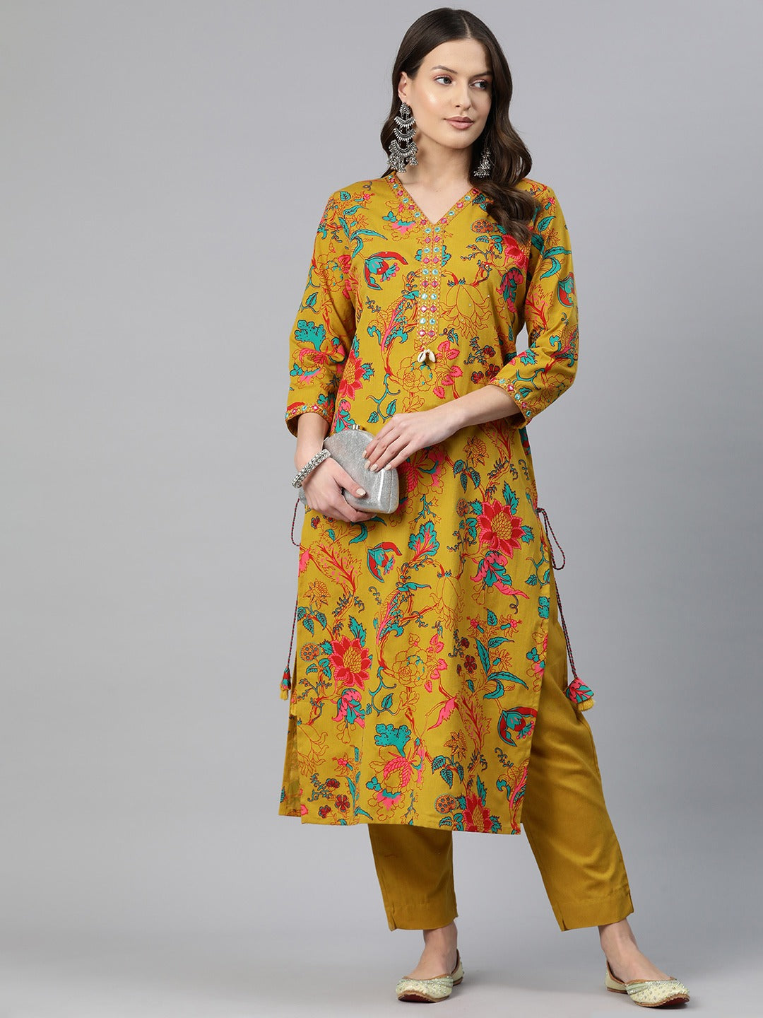 Straight Style Cotton Fabric Mustard Color Floral Printed Kurti With Palazzo