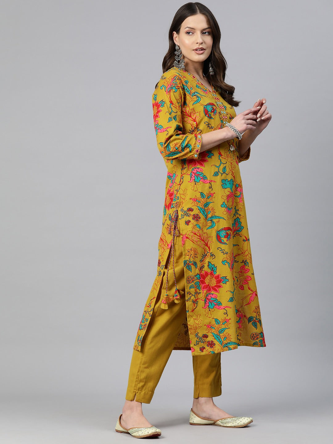 Straight Style Cotton Fabric Mustard Color Floral Printed Kurti With Palazzo