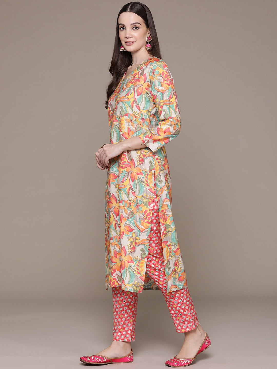 Straight Style Silk Fabric Pink Color Floral Printed & Cut Dana Work Kurti With Palazzo