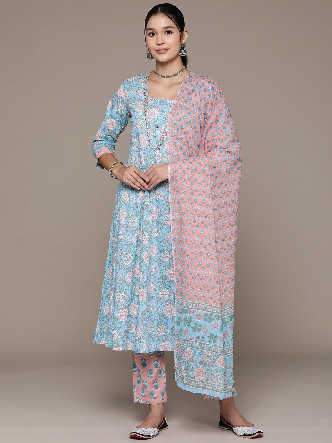 Anarkali Style Cotton Fabric Blue Color Floral Printed Sequin Work Kurti With Palazzo And Dupatta