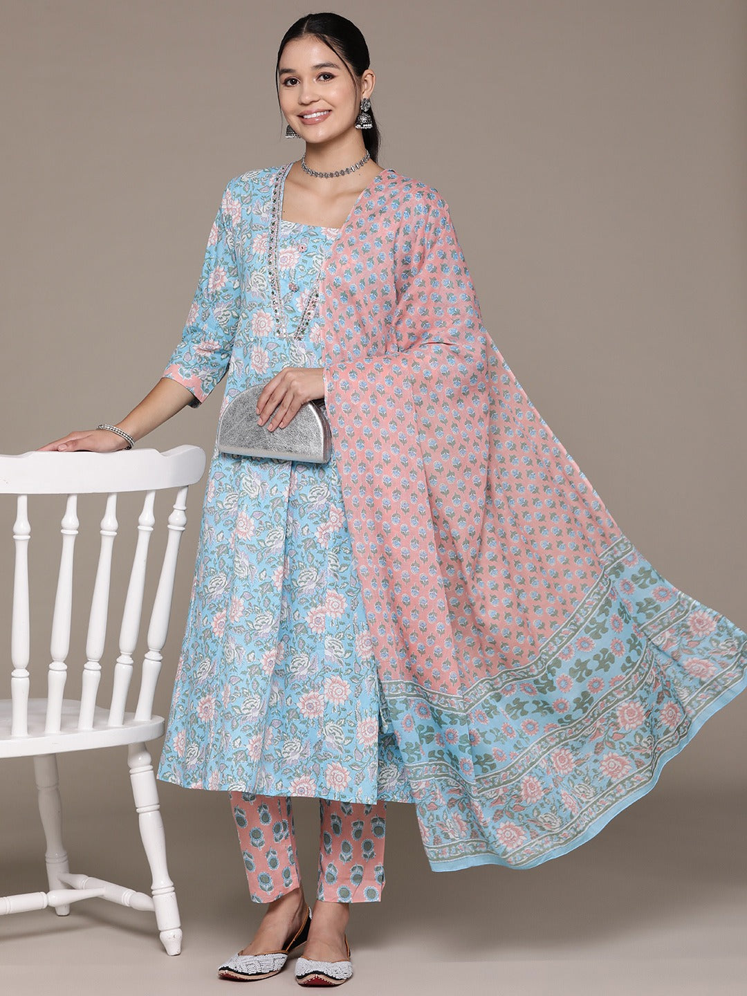 Anarkali Style Cotton Fabric Blue Color Floral Printed Sequin Work Kurti With Palazzo And Dupatta