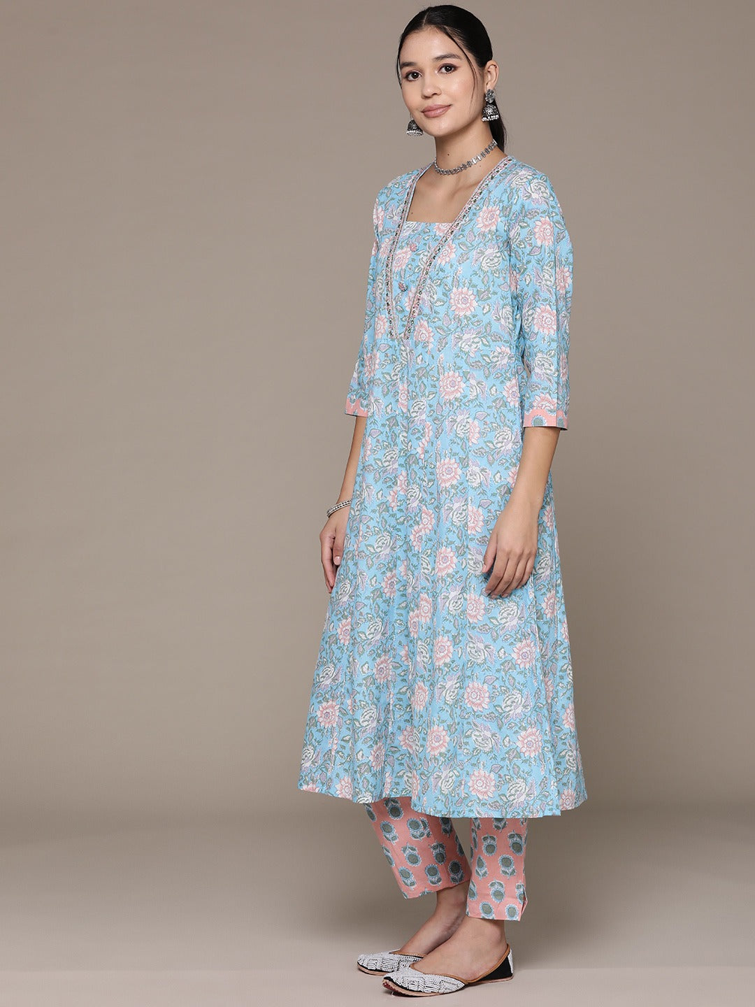 Anarkali Style Cotton Fabric Blue Color Floral Printed Sequin Work Kurti With Palazzo And Dupatta