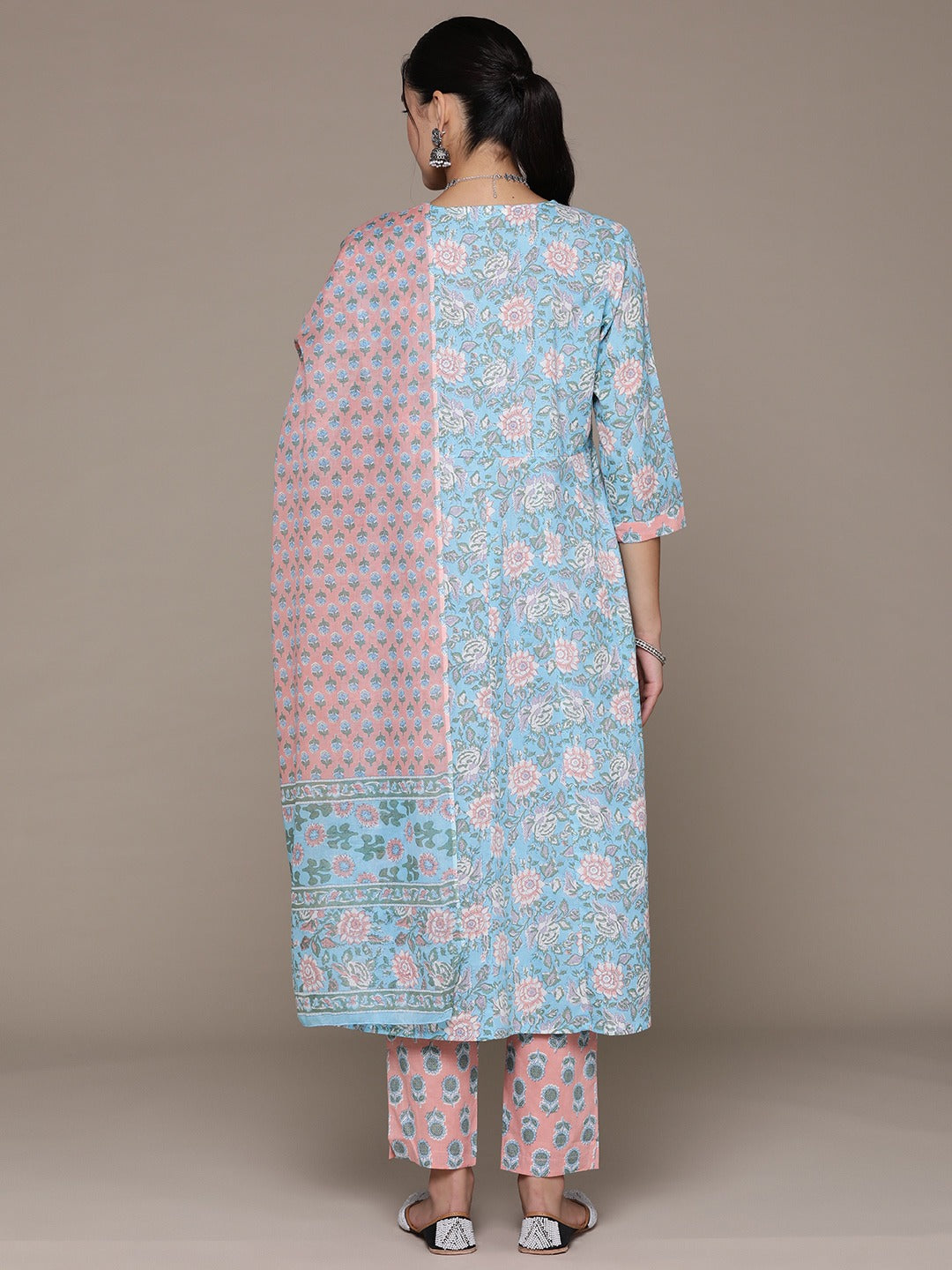 Anarkali Style Cotton Fabric Blue Color Floral Printed Sequin Work Kurti With Palazzo And Dupatta