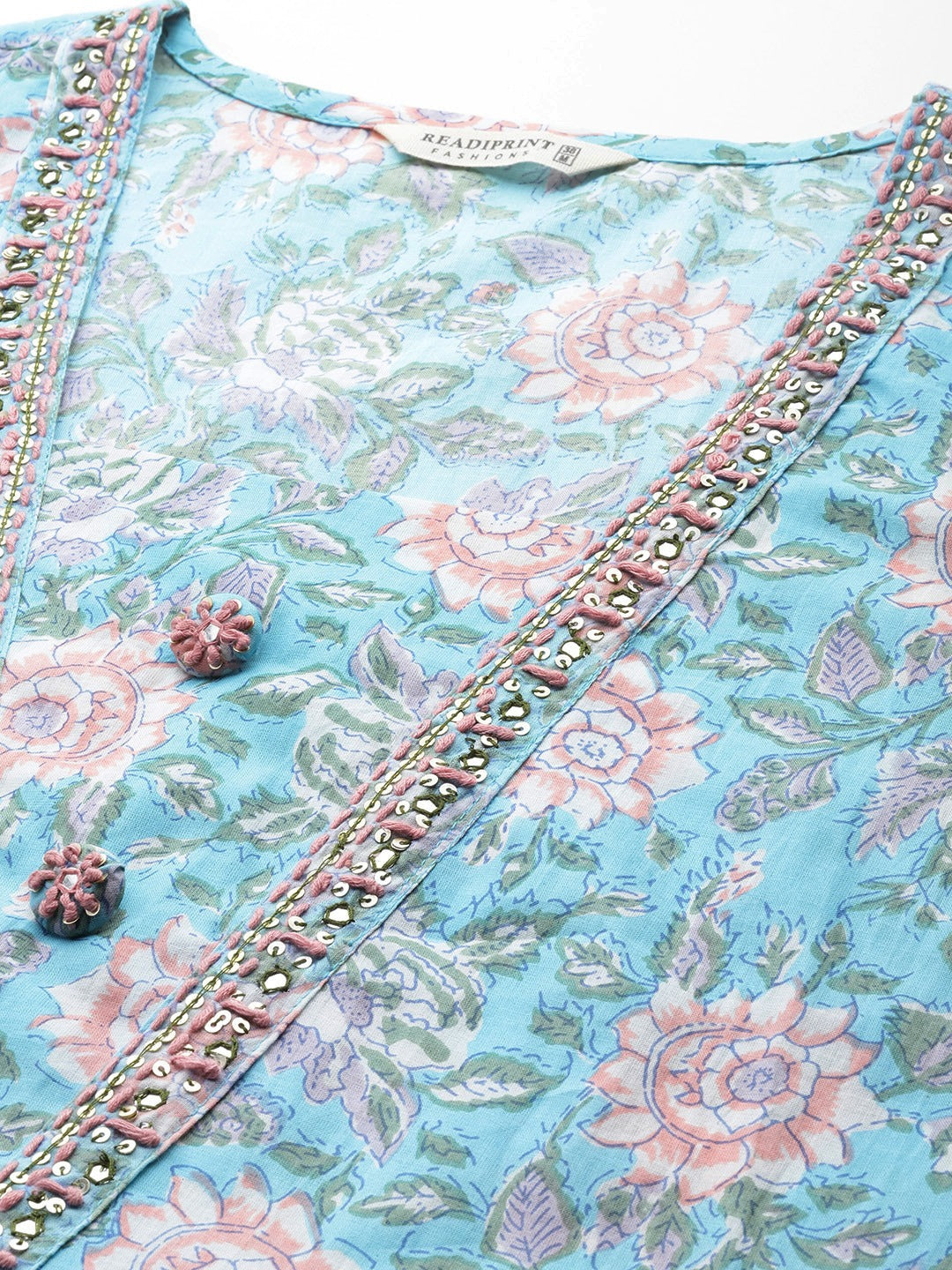 Anarkali Style Cotton Fabric Blue Color Floral Printed Sequin Work Kurti With Palazzo And Dupatta