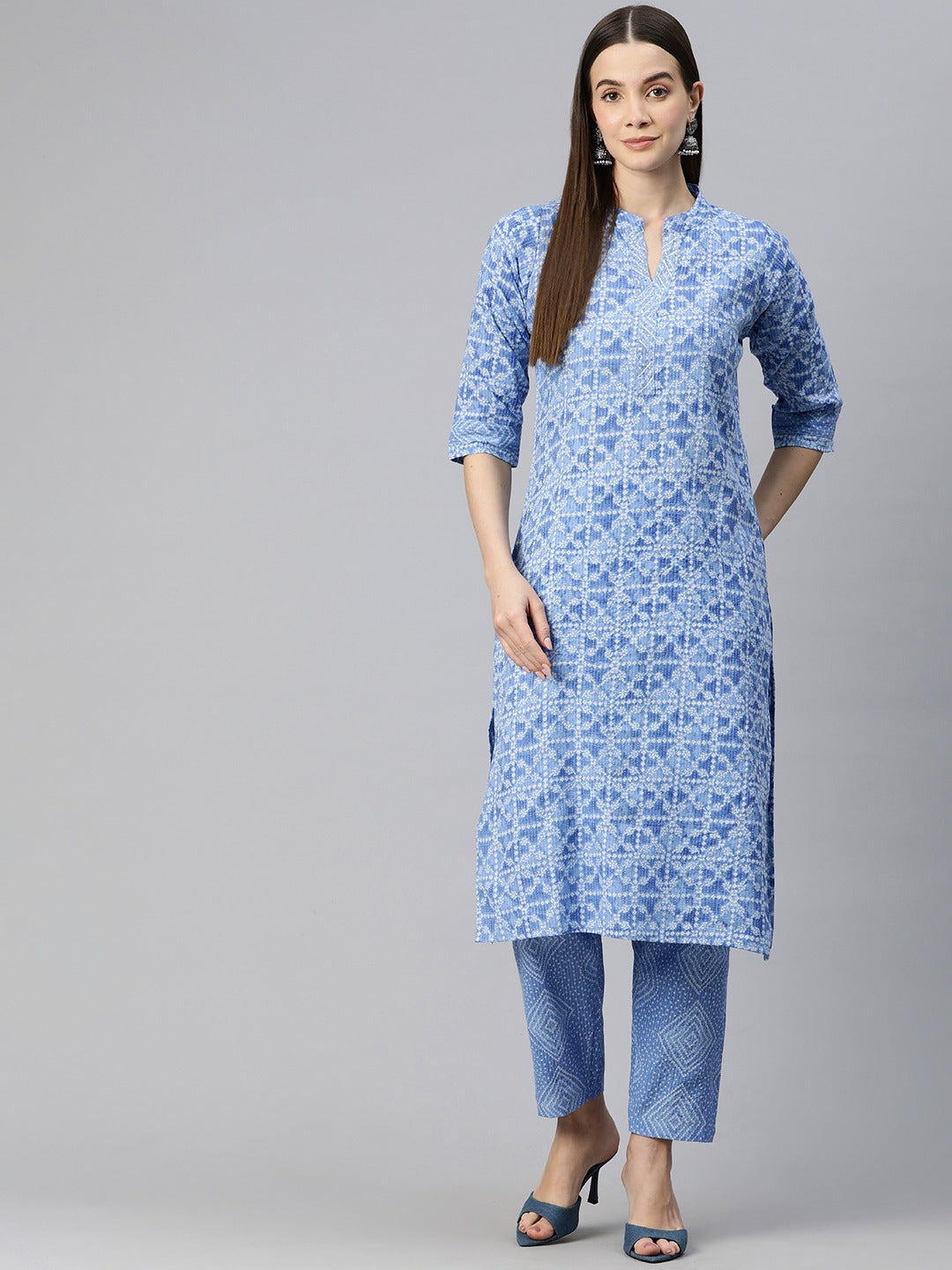 Straight Style Cotton Fabric Blue Color Bandhej Printed Kurti With Palazzo