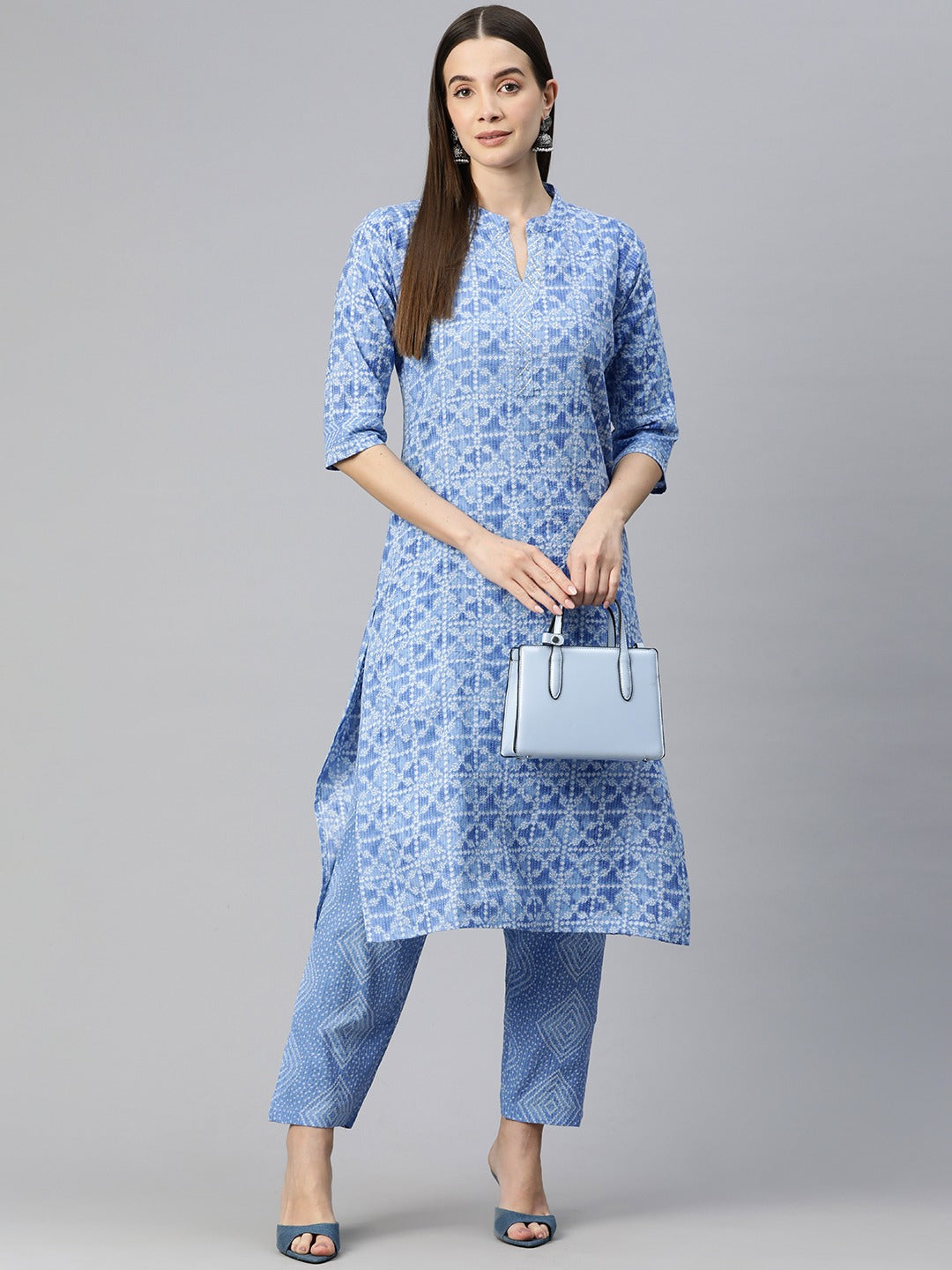 Straight Style Cotton Fabric Blue Color Bandhej Printed Kurti With Palazzo