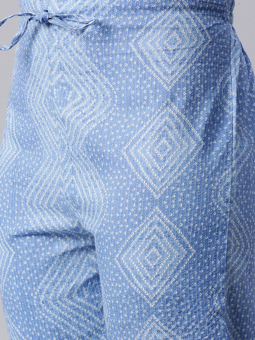 Straight Style Cotton Fabric Blue Color Bandhej Printed Kurti With Palazzo