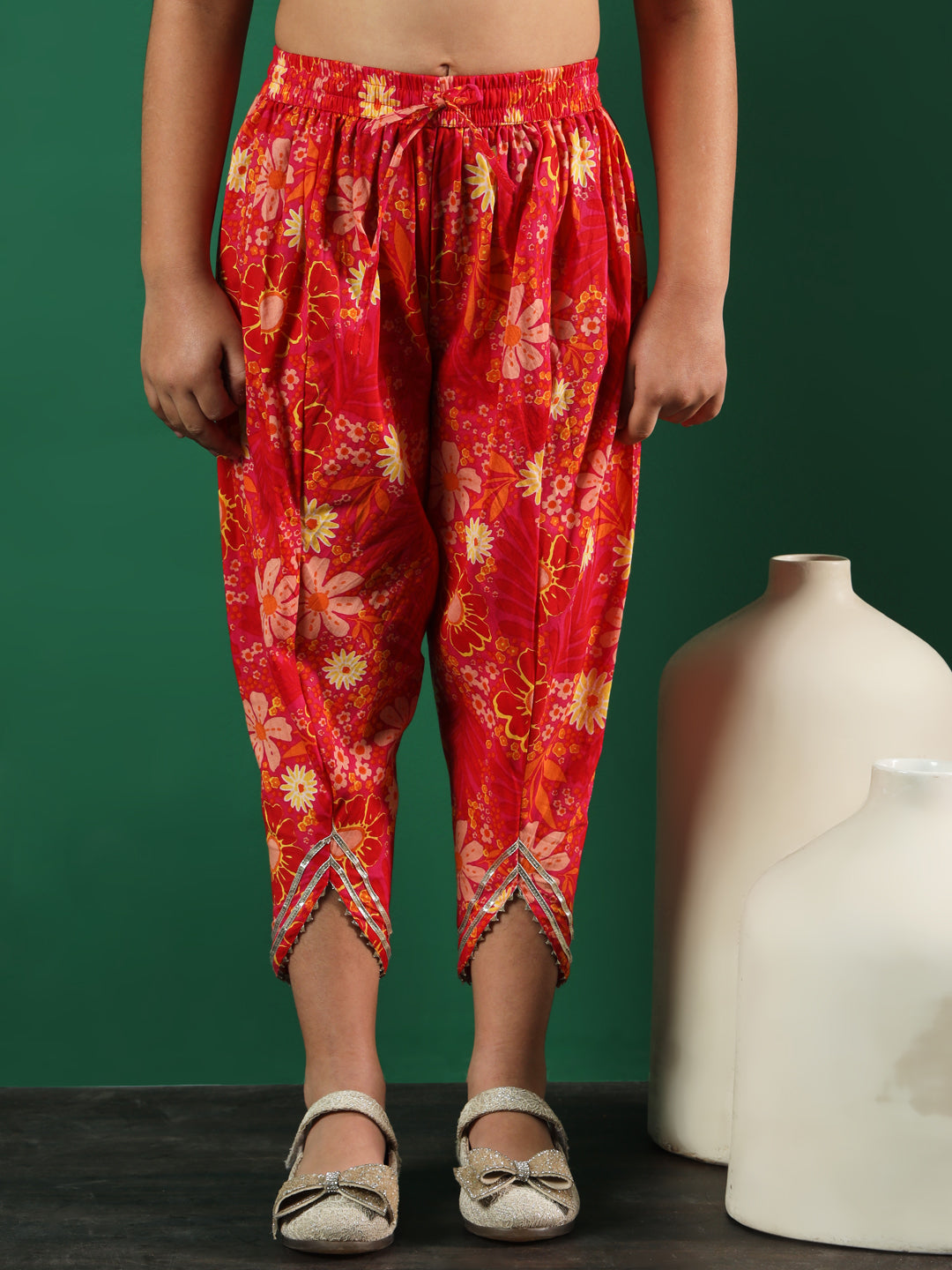 Frock Style Cotton Fabric Pink Color Printed Kurti And Dhoti Pants With Zari And Sequin Work