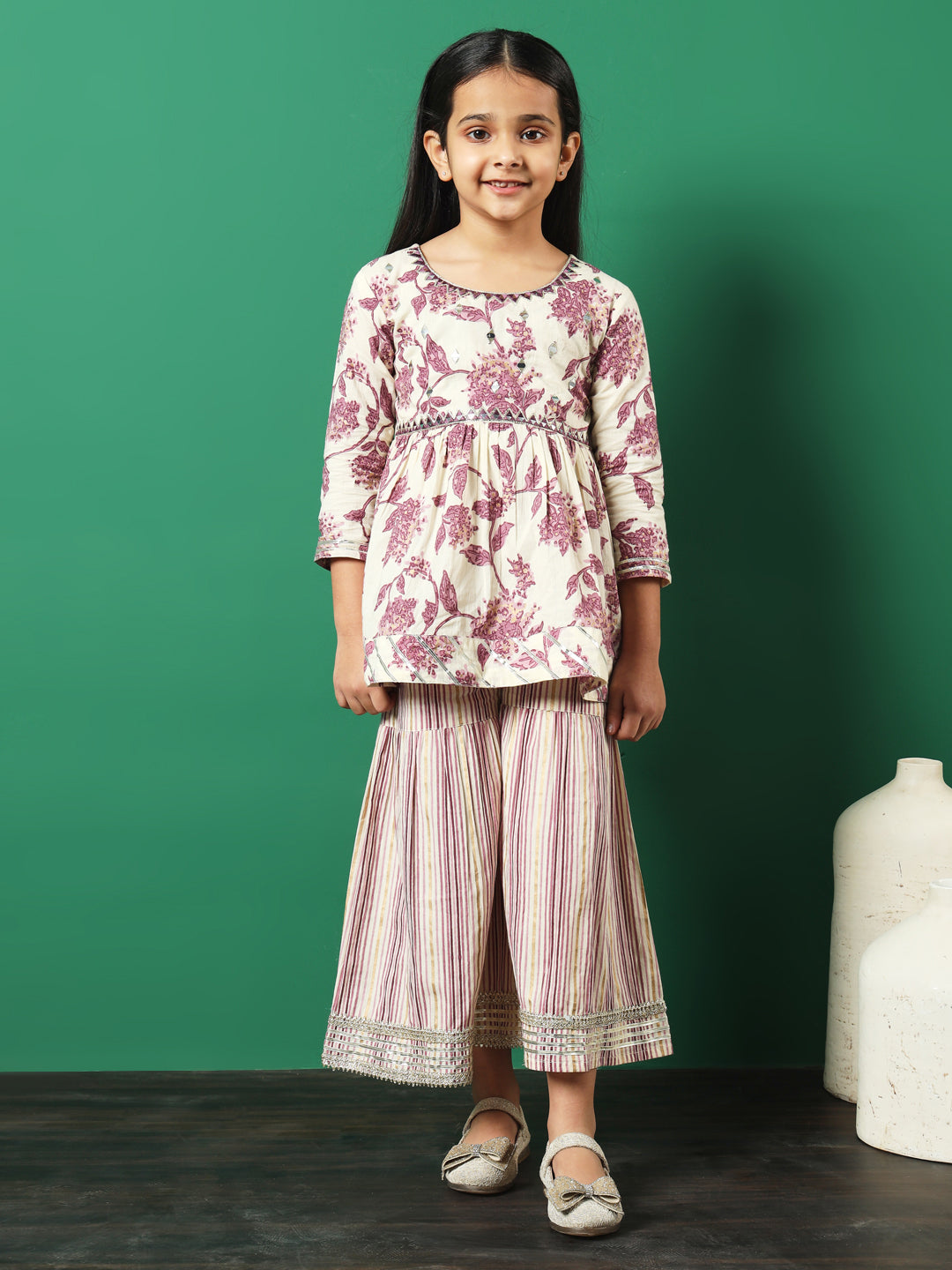 Frock Style Cotton Fabric Mauve Color Printed Kurti And Sharara With Gotta Lace Work