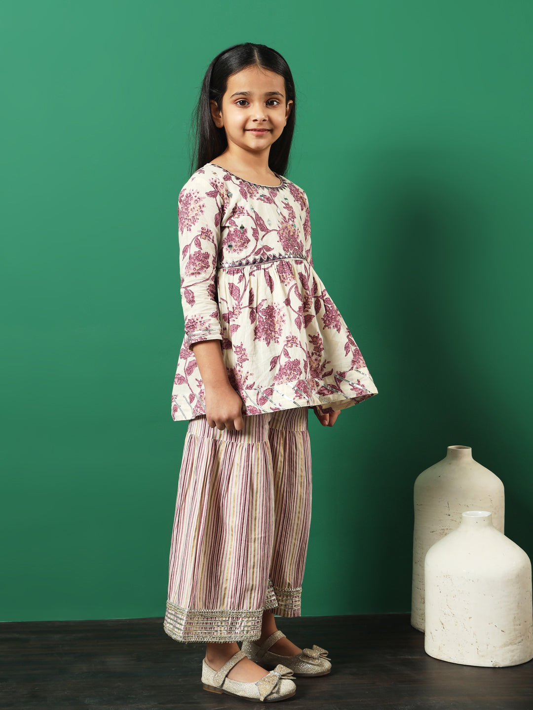 Frock Style Cotton Fabric Mauve Color Printed Kurti And Sharara With Gotta Lace Work