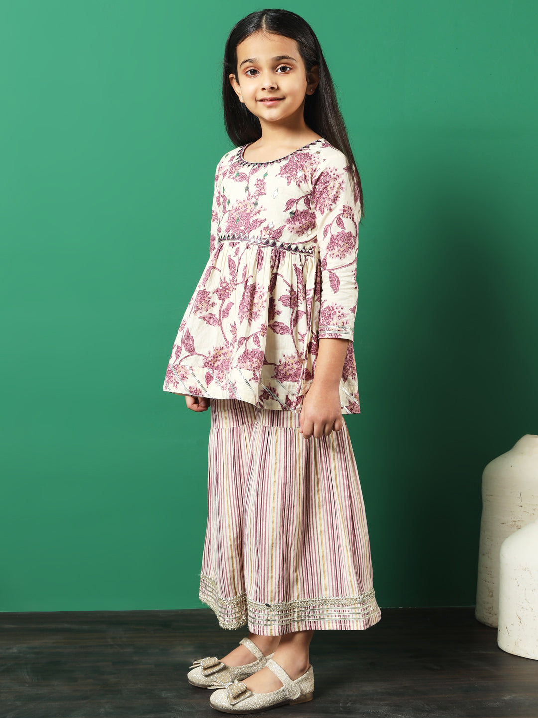 Frock Style Cotton Fabric Mauve Color Printed Kurti And Sharara With Gotta Lace Work