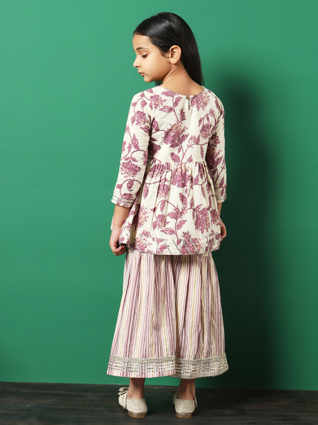 Frock Style Cotton Fabric Mauve Color Printed Kurti And Sharara With Gotta Lace Work