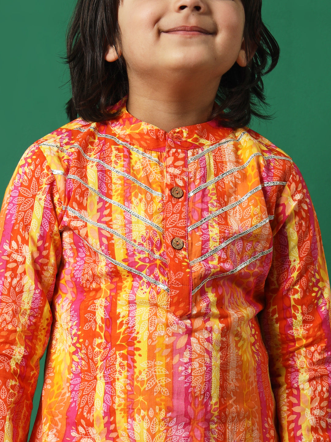 Boy Straight Style Cotton Fabric Orange Color Printed Kurta And Pajama