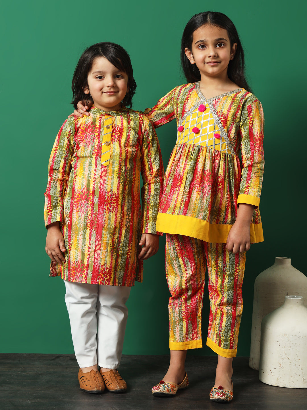 Straight Style Cotton Fabric Green Color Floral Printed Kurta And Pajama