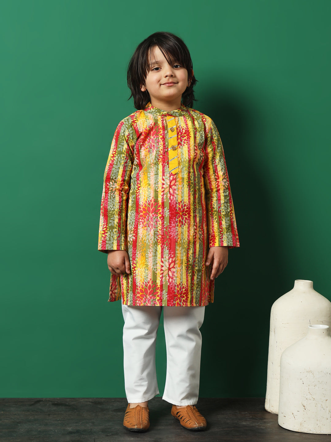 Straight Style Cotton Fabric Green Color Floral Printed Kurta And Pajama