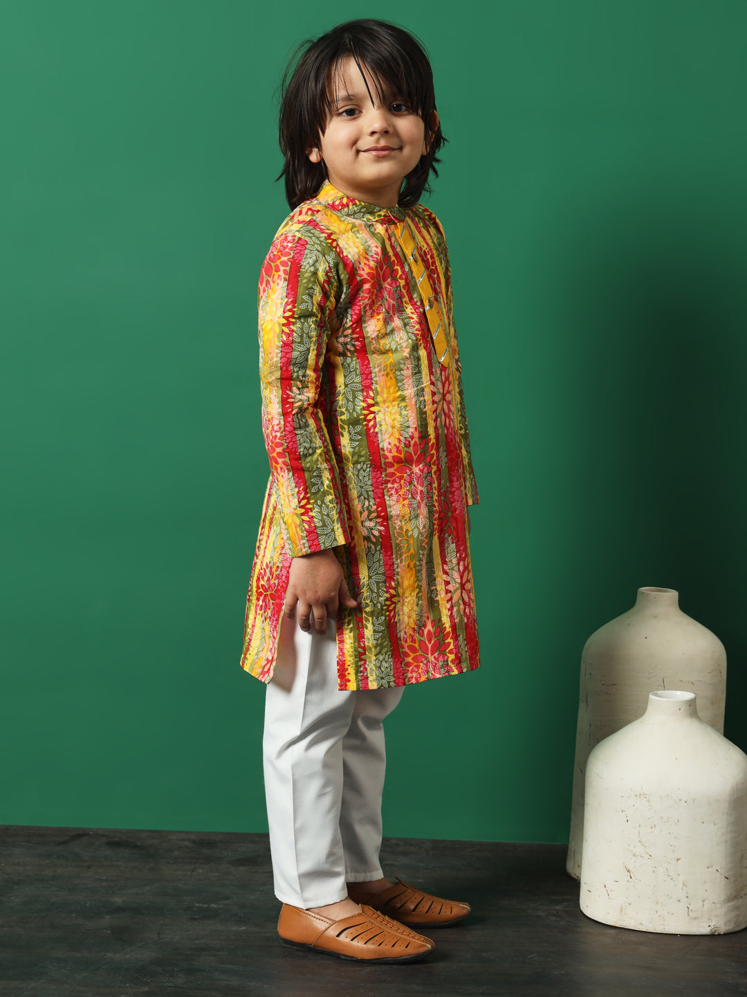 Straight Style Cotton Fabric Green Color Floral Printed Kurta And Pajama