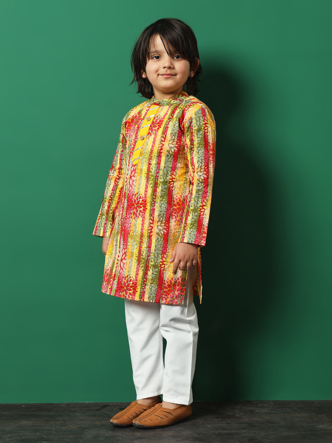 Straight Style Cotton Fabric Green Color Floral Printed Kurta And Pajama