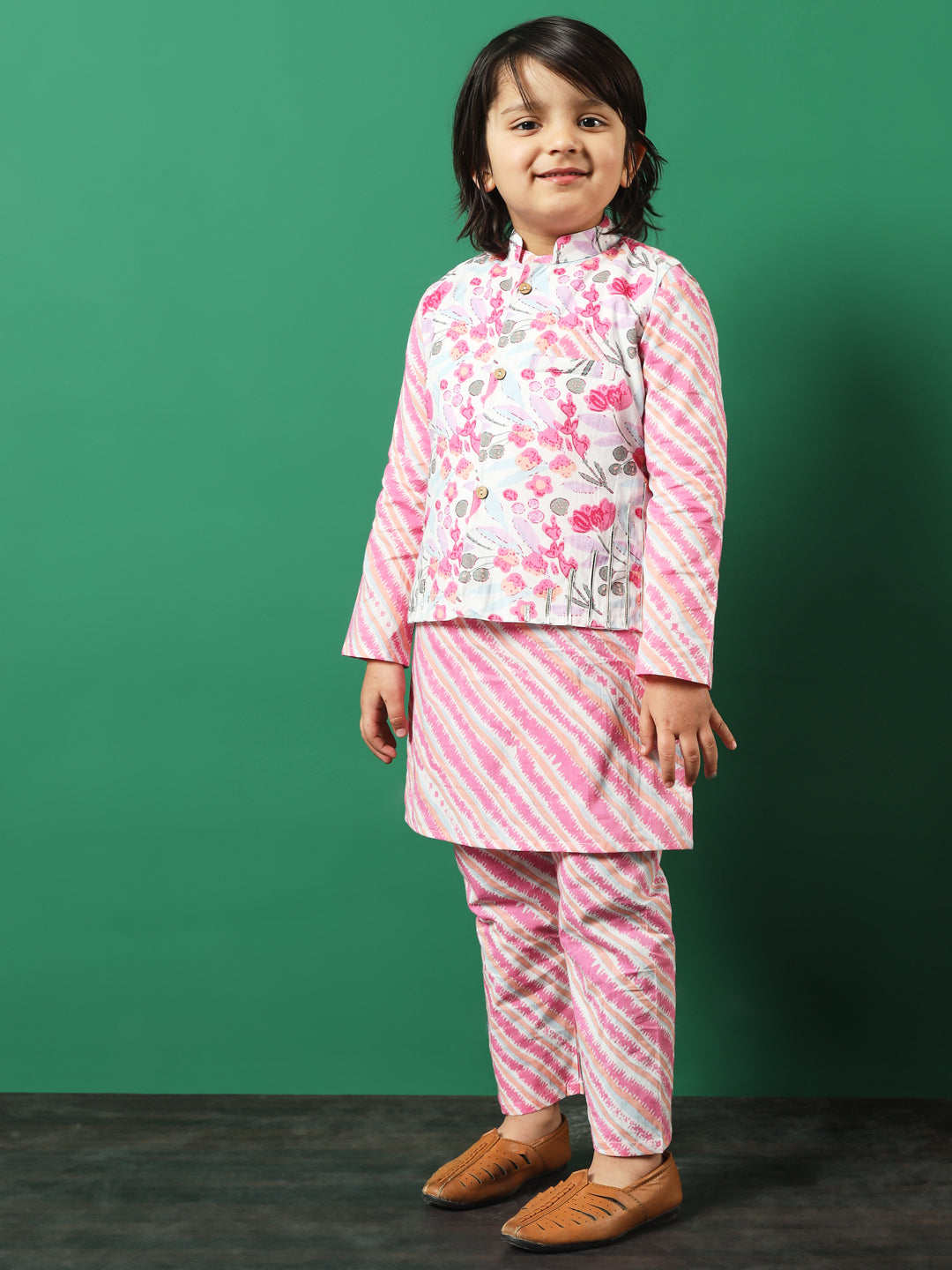 Straight Style Cotton Fabric Pink Color Floral Printed Kurta And Pajama With Jacket