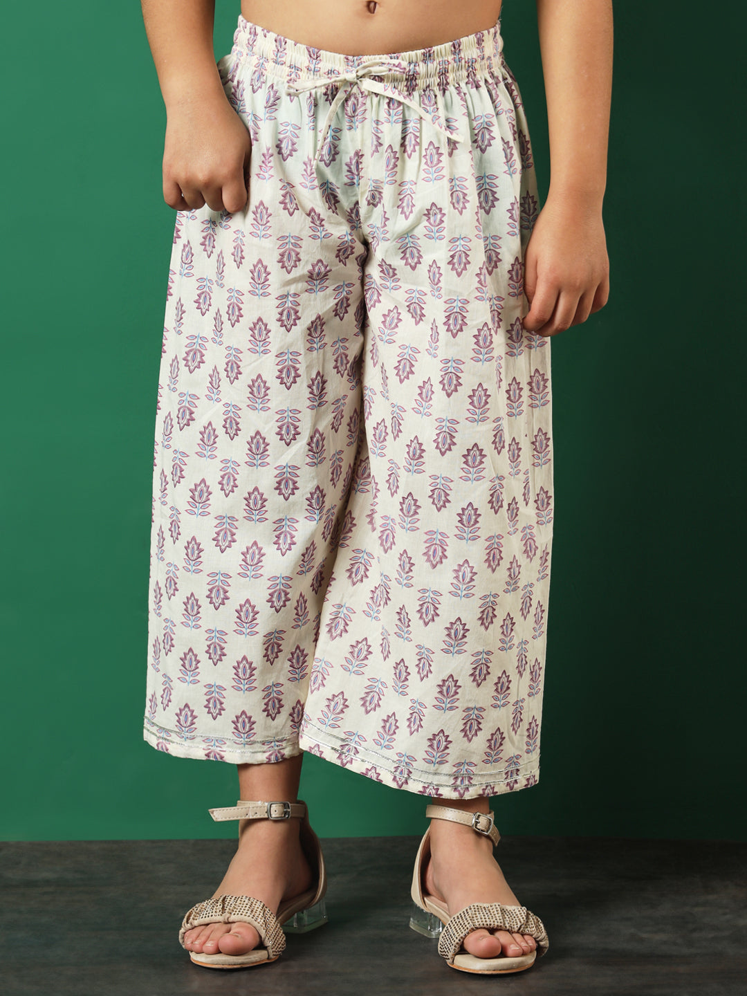 Aline Style Cotton Fabric Cream Color Floral Printed Kurti And Palazzo With Gotta Lace Work