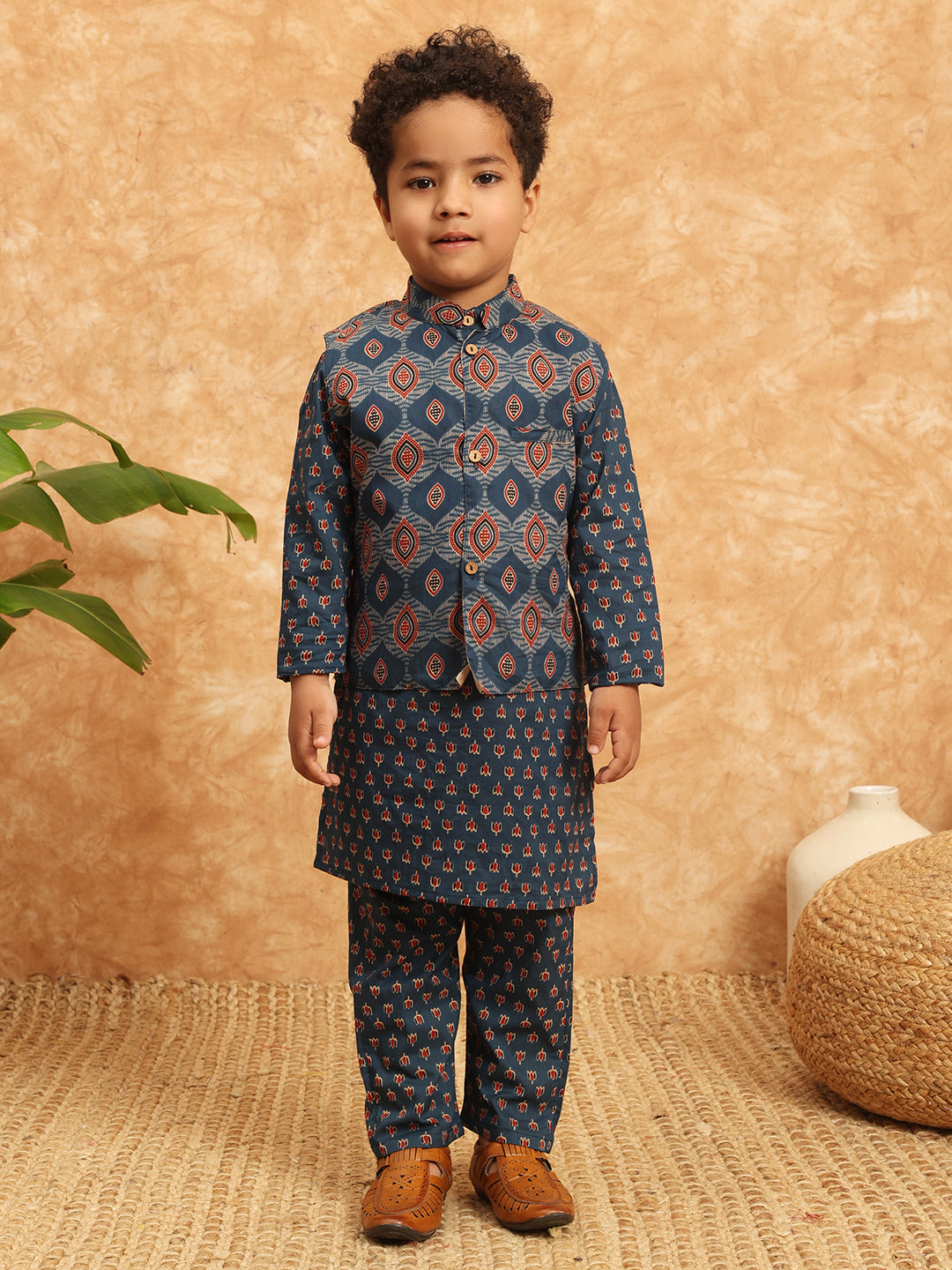 Straight Style Cotton Fabric Blue Color Floral Printed Kurta And Pajama With Nehru Jacket