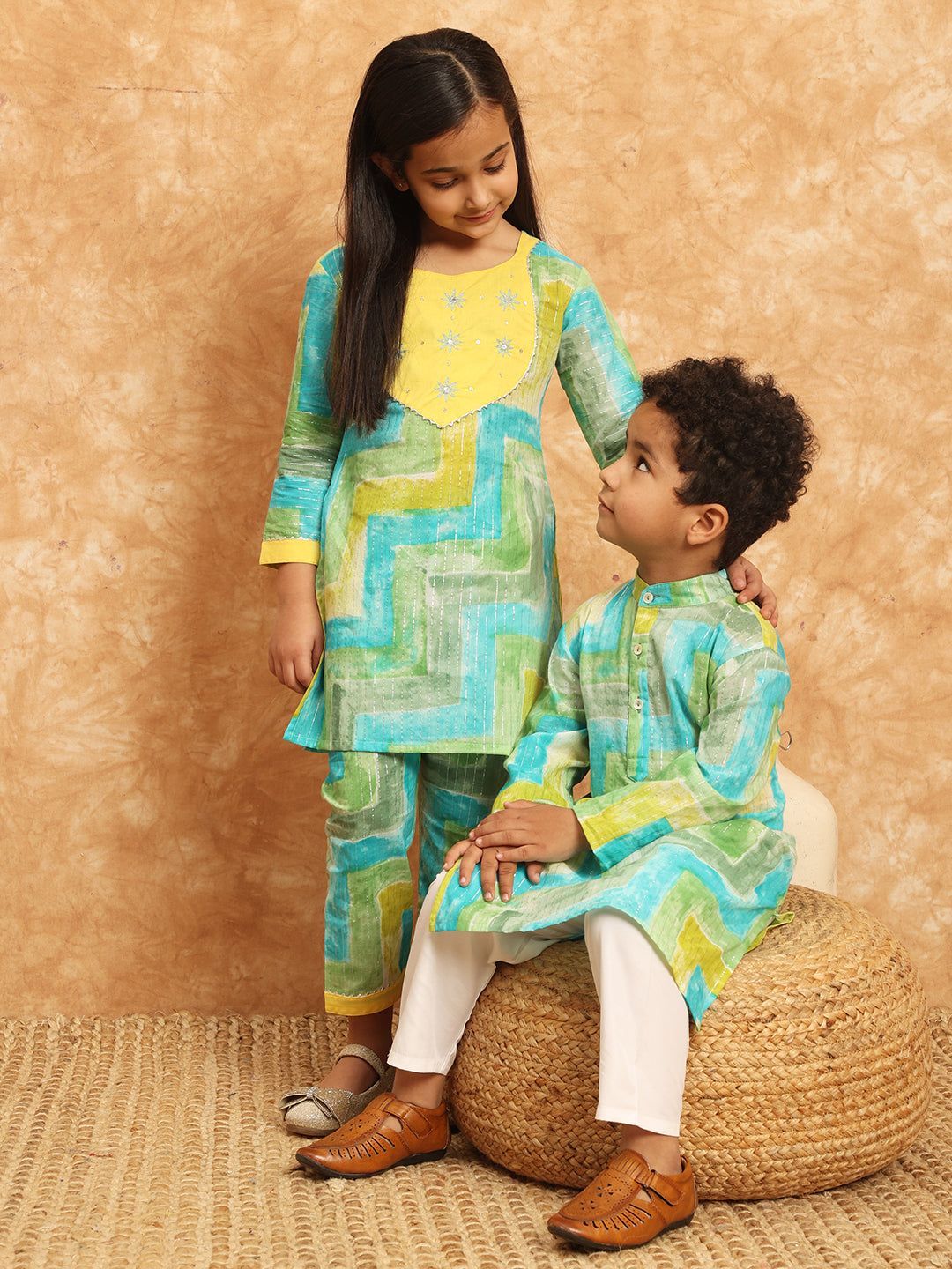Straight Style Cotton Fabric Green Color Printed Kurta And Pajama