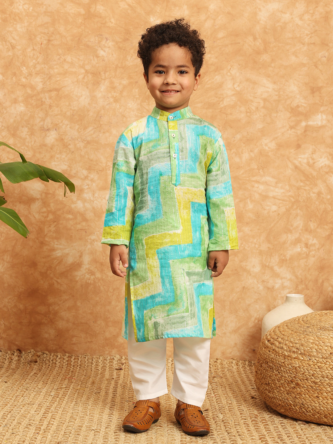 Straight Style Cotton Fabric Green Color Printed Kurta And Pajama