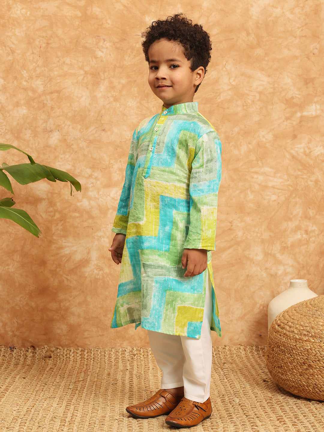 Straight Style Cotton Fabric Green Color Printed Kurta And Pajama