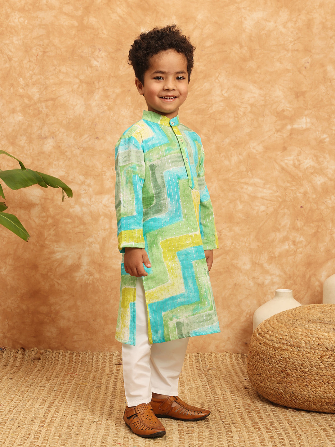 Straight Style Cotton Fabric Green Color Printed Kurta And Pajama