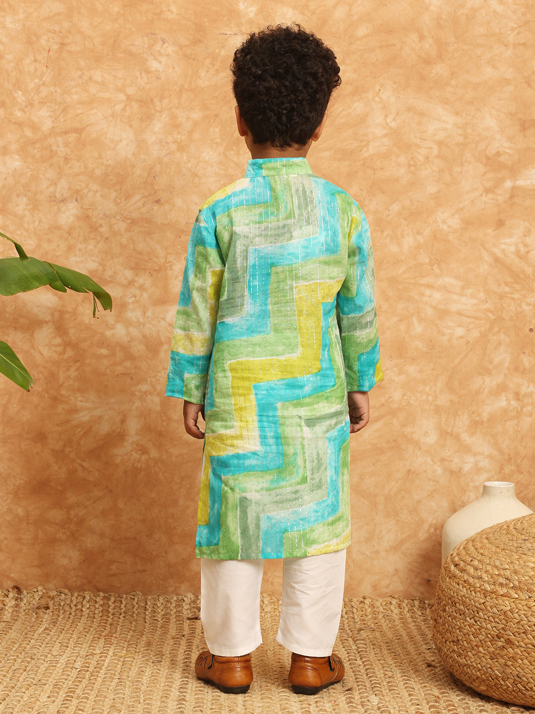 Straight Style Cotton Fabric Green Color Printed Kurta And Pajama