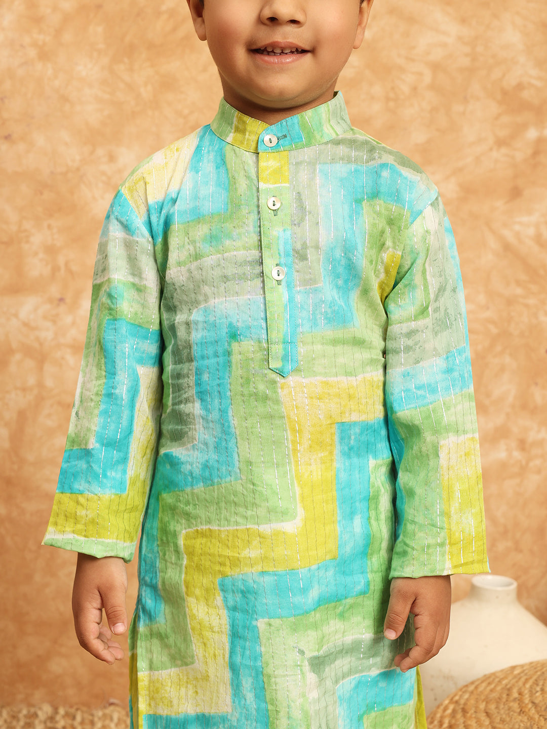 Straight Style Cotton Fabric Green Color Printed Kurta And Pajama