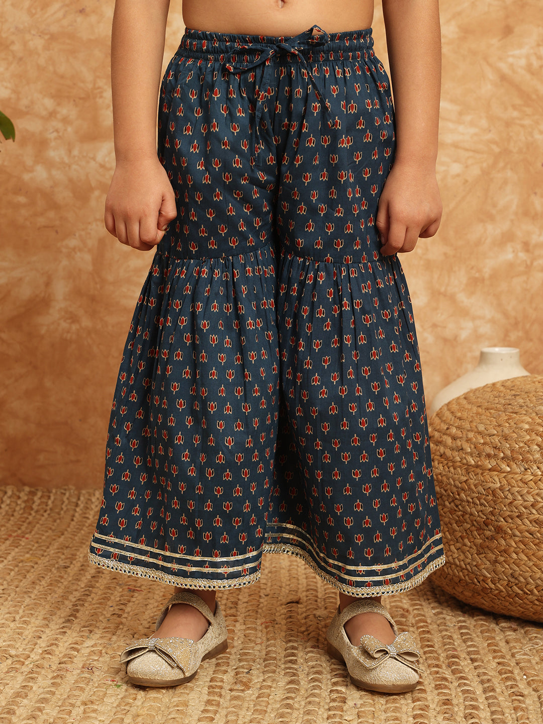 Frock Style Cotton Fabric Blue Color Printed Kurti And Sharara With Gotta Lace Work