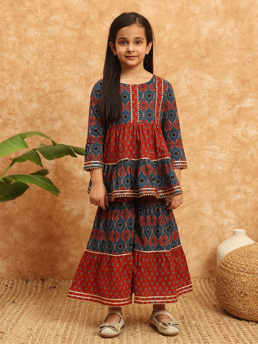 Frock Style Cotton Fabric Blue Color Printed Kurti And Sharara With Gotta Lace Work