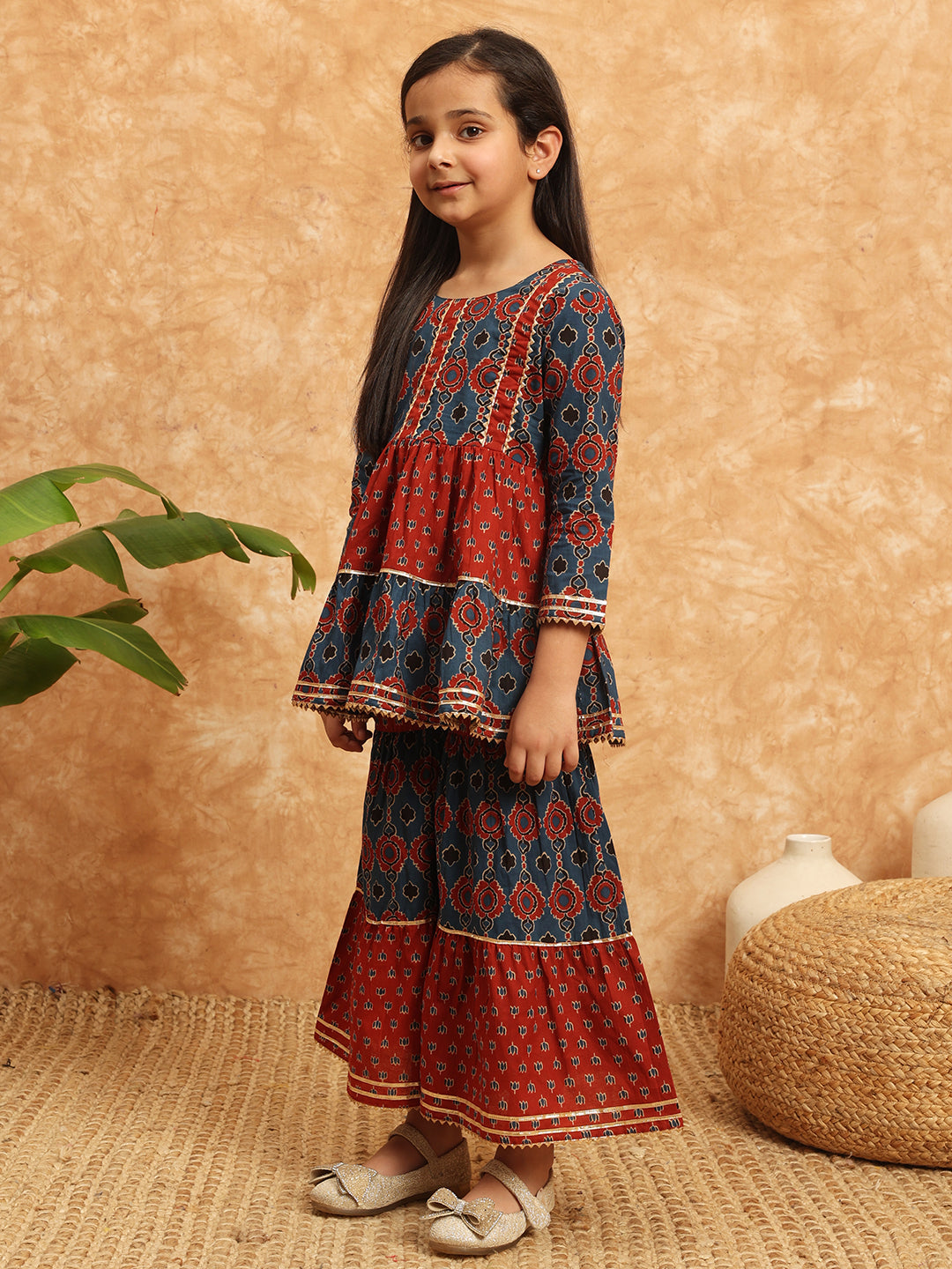 Frock Style Cotton Fabric Blue Color Printed Kurti And Sharara With Gotta Lace Work