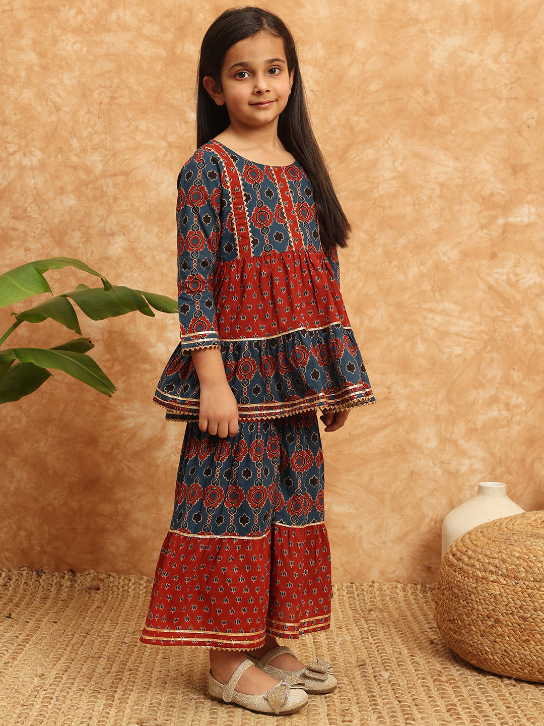 Frock Style Cotton Fabric Blue Color Printed Kurti And Sharara With Gotta Lace Work