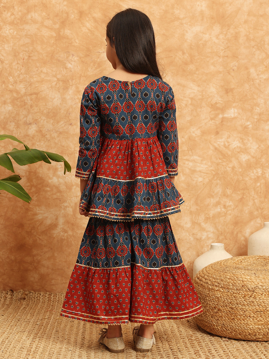 Frock Style Cotton Fabric Blue Color Printed Kurti And Sharara With Gotta Lace Work