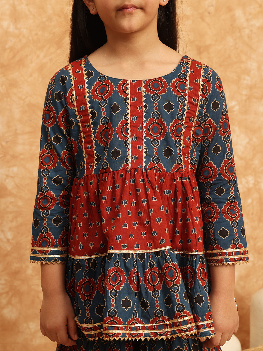 Frock Style Cotton Fabric Blue Color Printed Kurti And Sharara With Gotta Lace Work